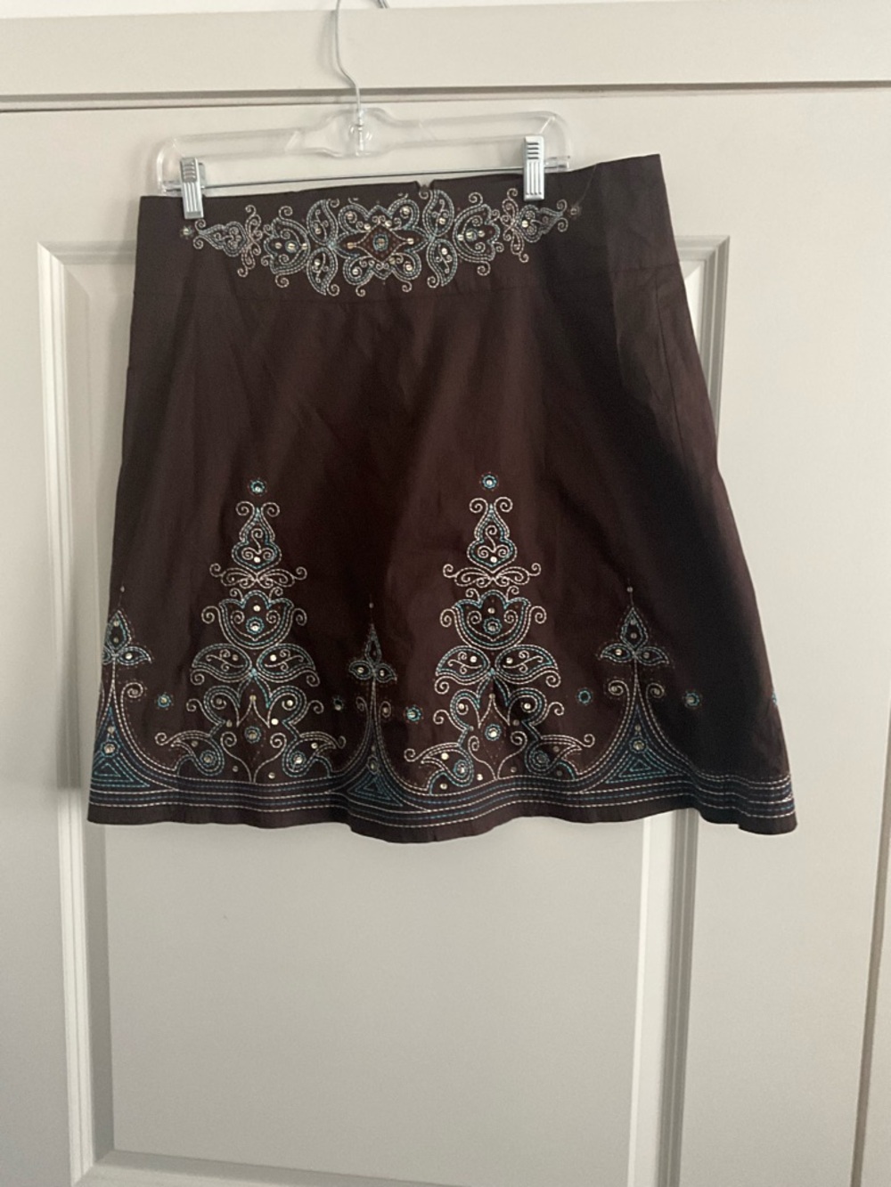 Embroidered Brown A-Line Skirt with Turquoise Accents